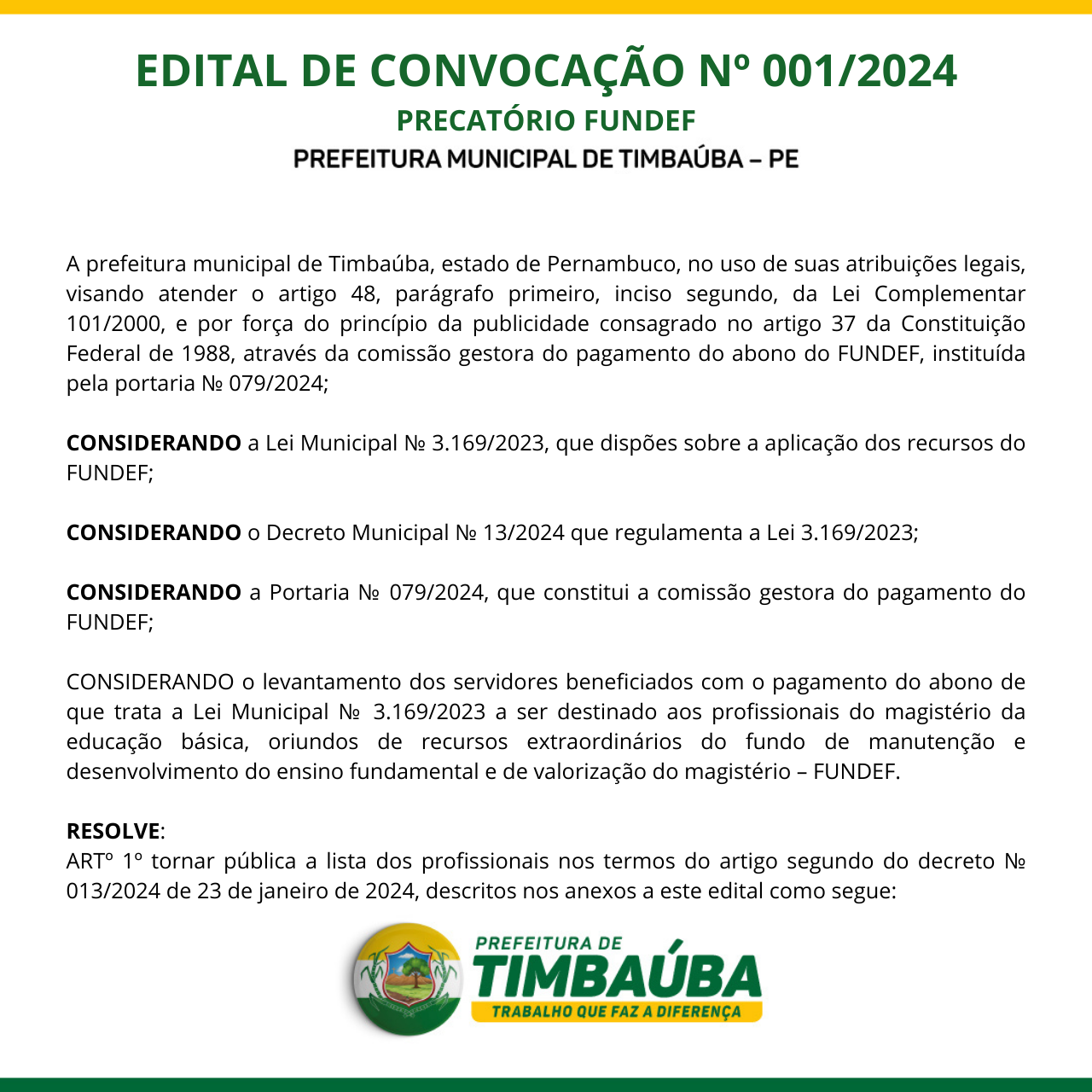 EDITAL DE CONVOCAÇÃO № 001/2024 Precatório FUNDEF